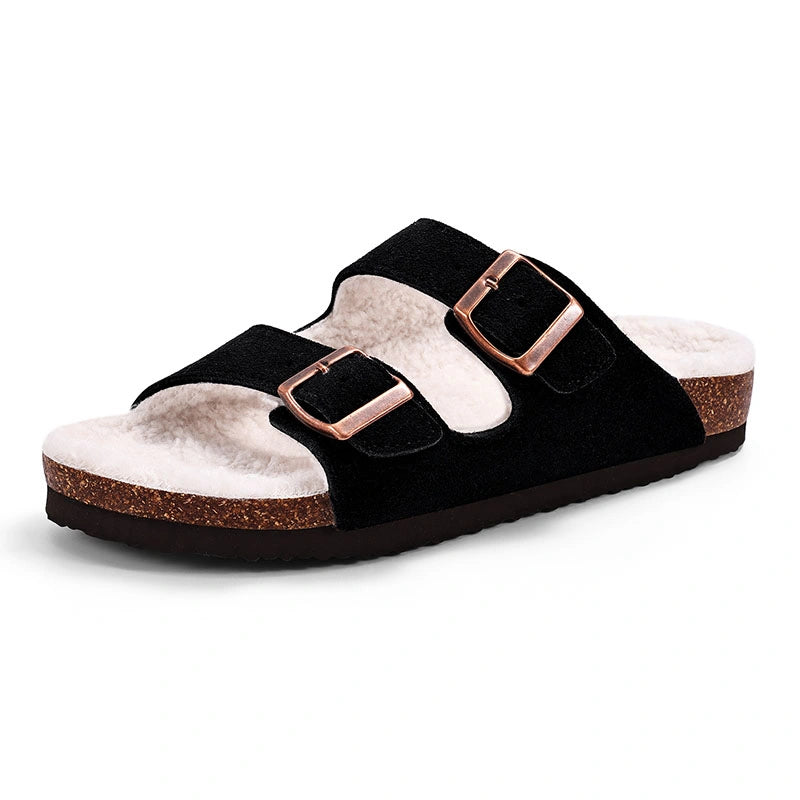 Sandales Doublees en Fourrure avec Double Bride noir